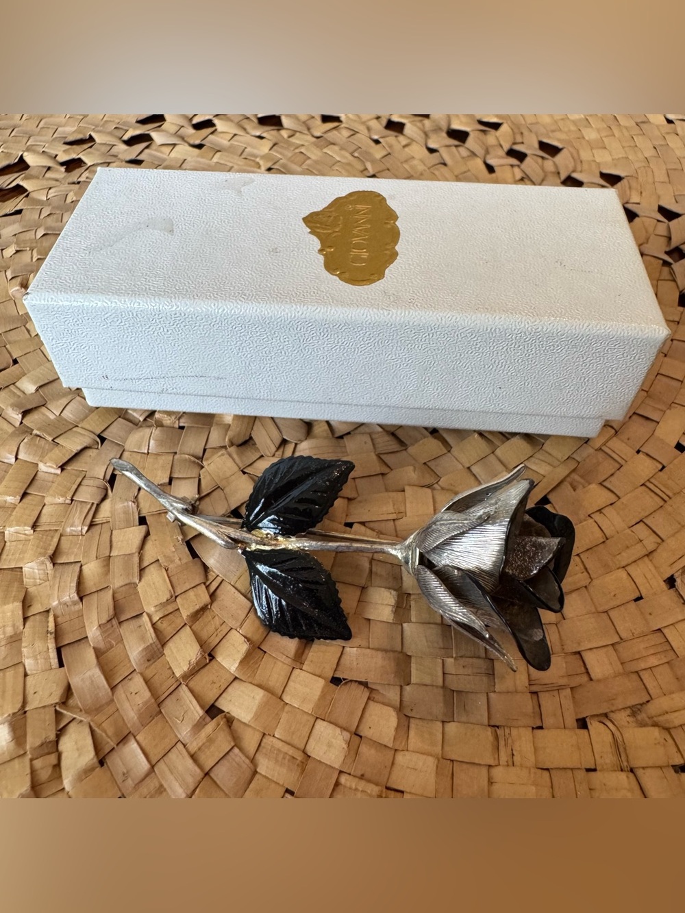 Vintage Giovanni Signed Rose Bud Pin Brooch Original Box Silver Tone Black